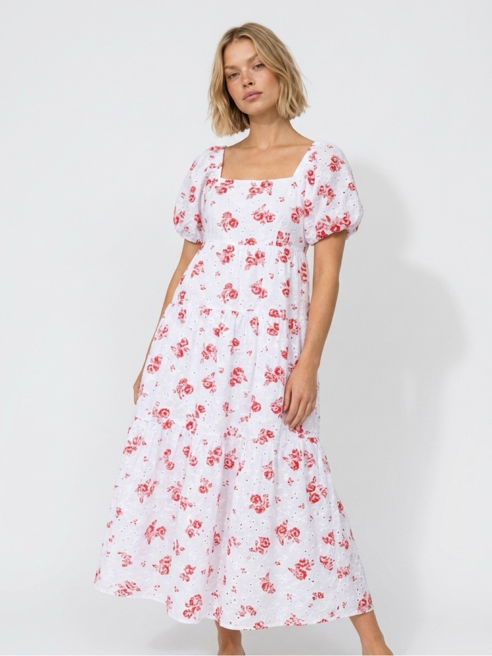 Floral White and Red Midi Dress